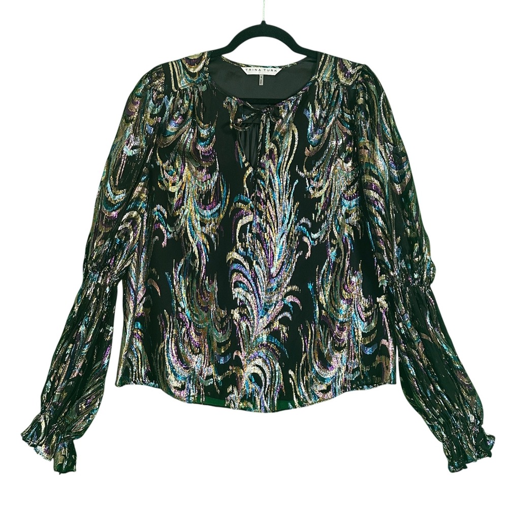 Trina Turk Top Ambrosial Silk Blend Metallic Jacquard V-Neck Black Multi S Glam - Picture 3 of 14